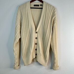 Vintage Savile Row Men’s Cream Ribbed Knit Cardigan Medium Heavyweight Cotton